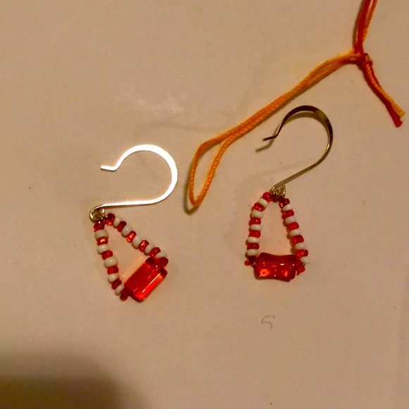 Hand Crafted Jewelry - Handmade By Me, Fishhook Dangling Earrings, Beaded, Orange & White, 1/2 long